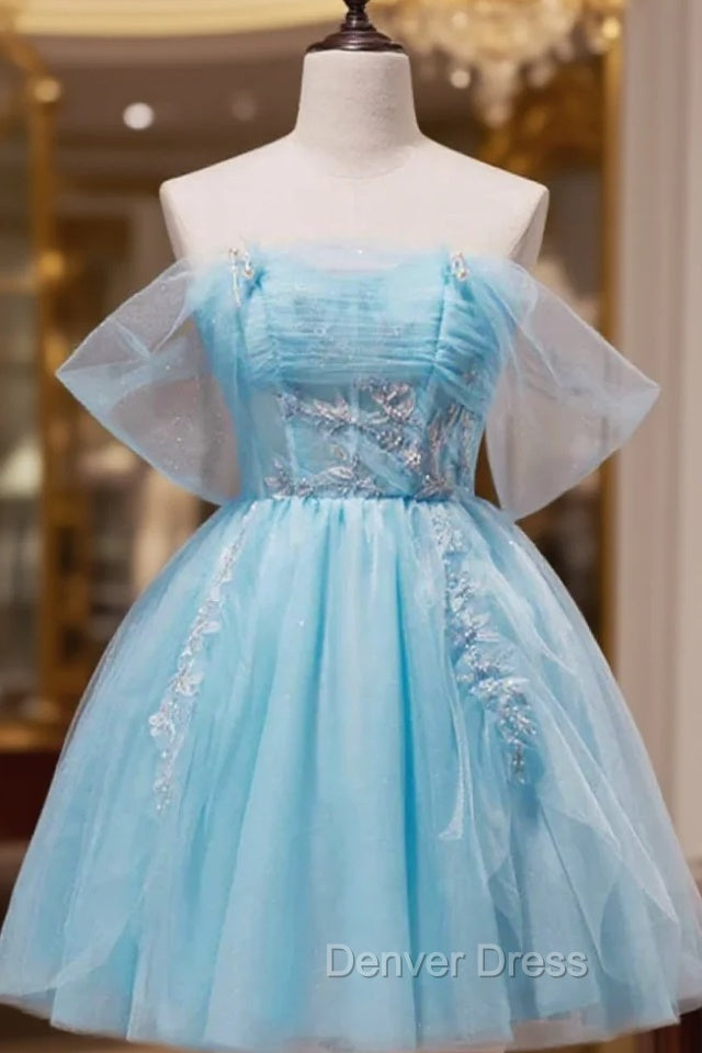 Blue Tulle Off the Shoulder Pleats Homecoming Dresses