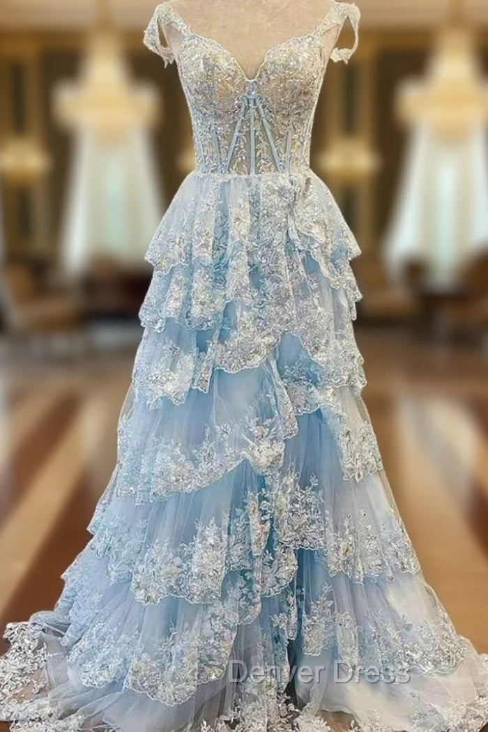 Blue Tulle Off the Shoulder Sequins Appliques Prom Dresses Main image