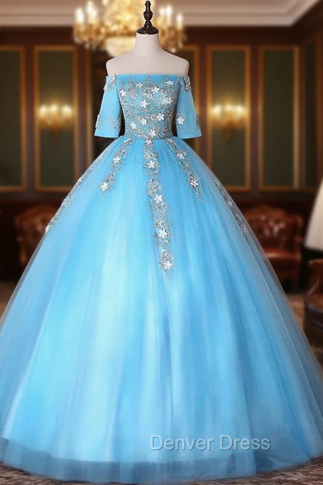 Blue Tulle Off the Shoulder Short Sleeve Appliques Quinceanera Dresses