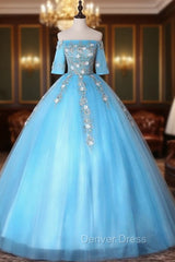 Blue Tulle Off the Shoulder Short Sleeve Appliques Quinceanera Dresses