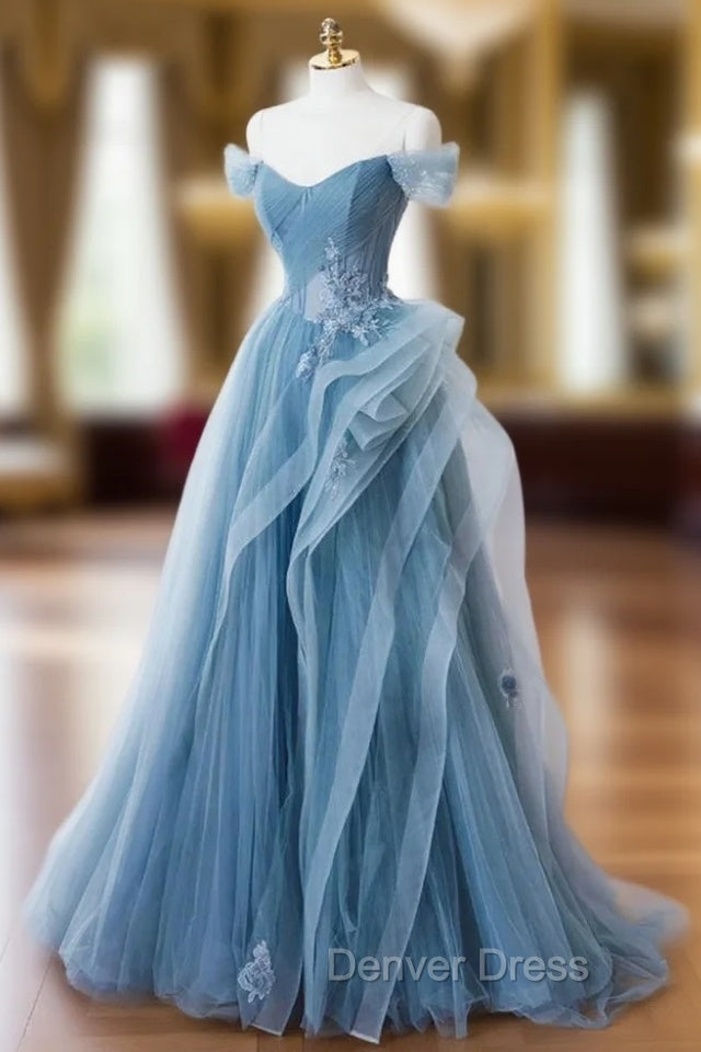 Blue Tulle Off the Shoulder Tulle Appliques Prom Dresses