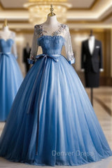 Blue Tulle Pleats Appliques Long Sleeve Quinceanera Dresses