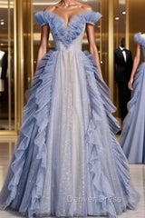 Blue Tulle Pleats Beading Prom Dresses
