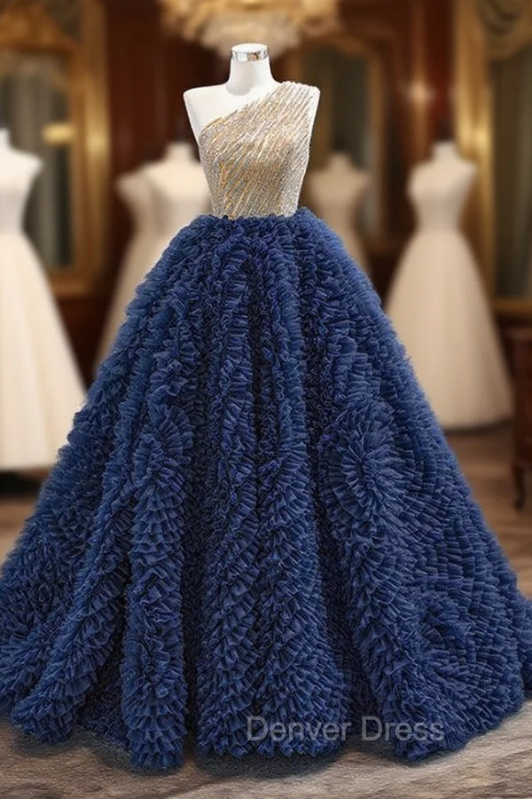 Blue Tulle Pleats One Shoulder Beading Prom Dresses
