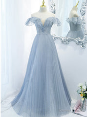 Blue Tulle Pleats Sequins Off the Shoulder Prom Dress