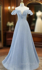 Blue Tulle Pleats Sequins Off the Shoulder Prom Dresses