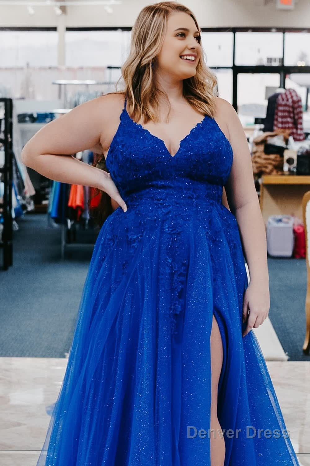 blue tulle plus size long prom dress with appliques