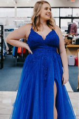 blue tulle plus size long prom dress with appliques