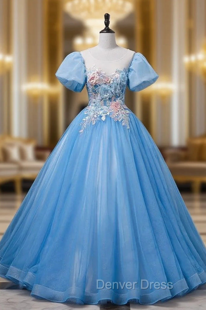 Blue Tulle Puff Sleeve Appliques Quinceanera Dresses