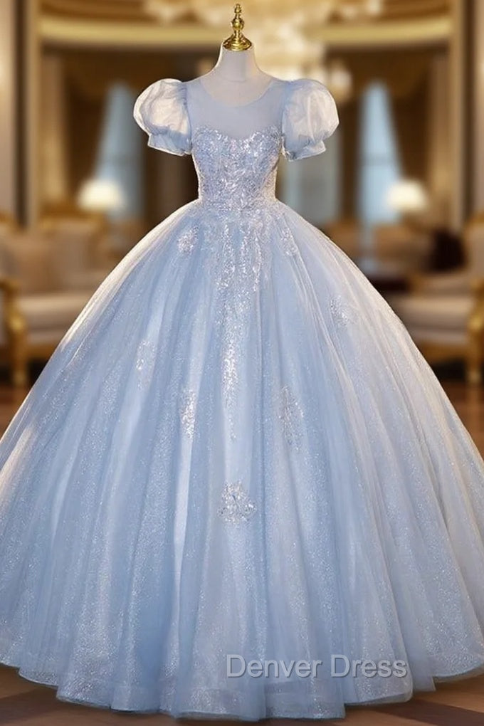 Blue Tulle Puff Sleeve Backless Sequins Quinceanera Dresses