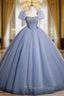 Blue Tulle Puff Sleeve Beading Princess Quinceanera Dresses