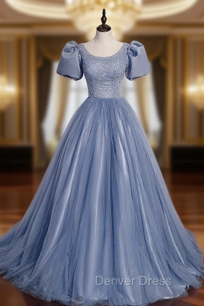 Blue Tulle Puff Sleeve Pearls Prom Dresses