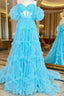 Blue Tulle Puff Sleeve Prom Dresses