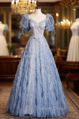 Blue Tulle Puff Sleeve Sequins Beading Prom Dresses