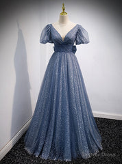 Blue Tulle Puff Sleeve Wave Point Prom Dress