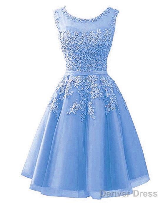 Blue Tulle Round Neckline Beaded Short Homecoming Dress, Lace Applique Cute Prom Dresses Secondary image