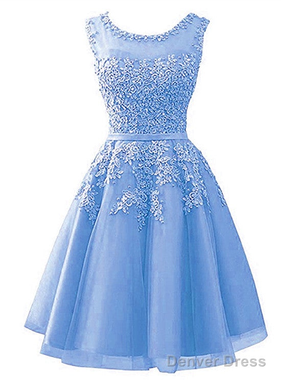 Blue Tulle Round Neckline Beaded Short Homecoming Dress, Lace Applique Cute Prom Dresses