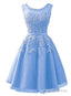 Blue Tulle Round Neckline Beaded Short Homecoming Dress, Lace Applique Cute Prom Dresses