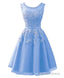 Blue Tulle Round Neckline Beaded Short Homecoming Dresses