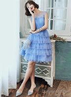 Blue Tulle Round Neckline Short Prom Dress, Blue Tulle Homecoming Dresses