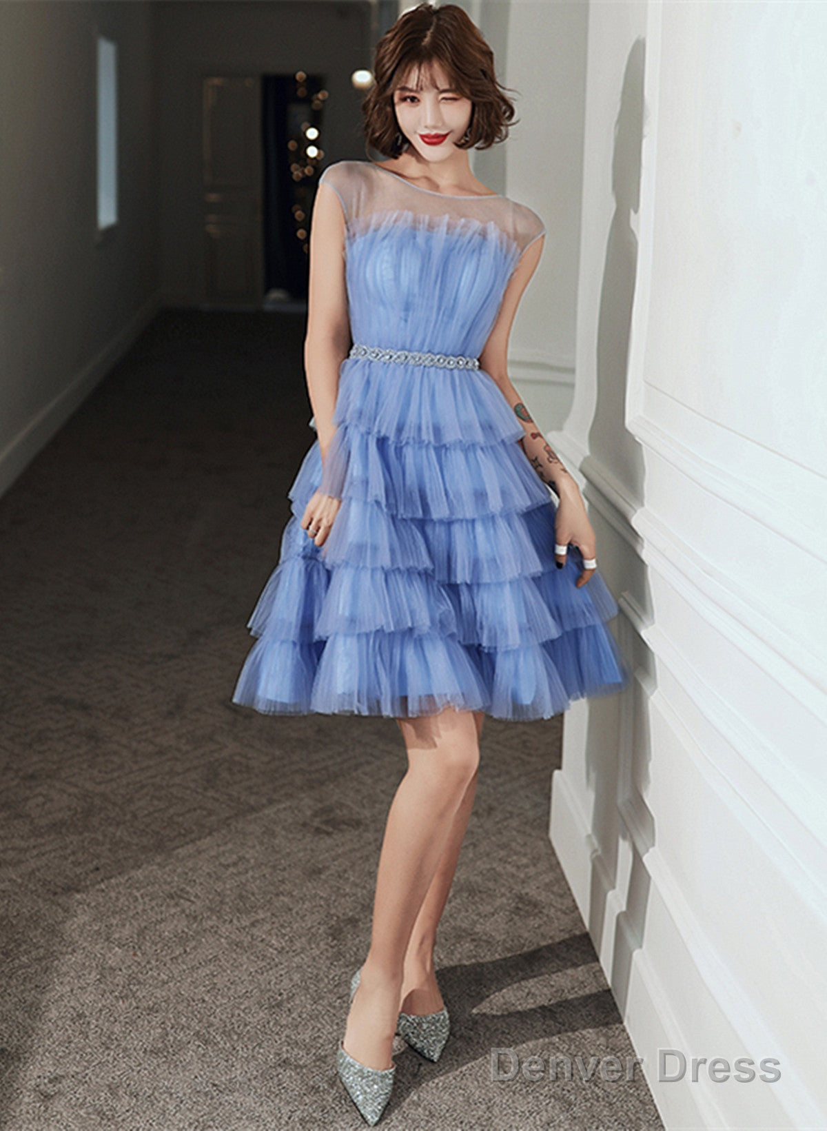 Blue Tulle Round Neckline Short Prom Dress, Blue Tulle Homecoming Dresses