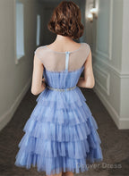 Blue Tulle Round Neckline Short Prom Dress, Blue Tulle Homecoming Dresses