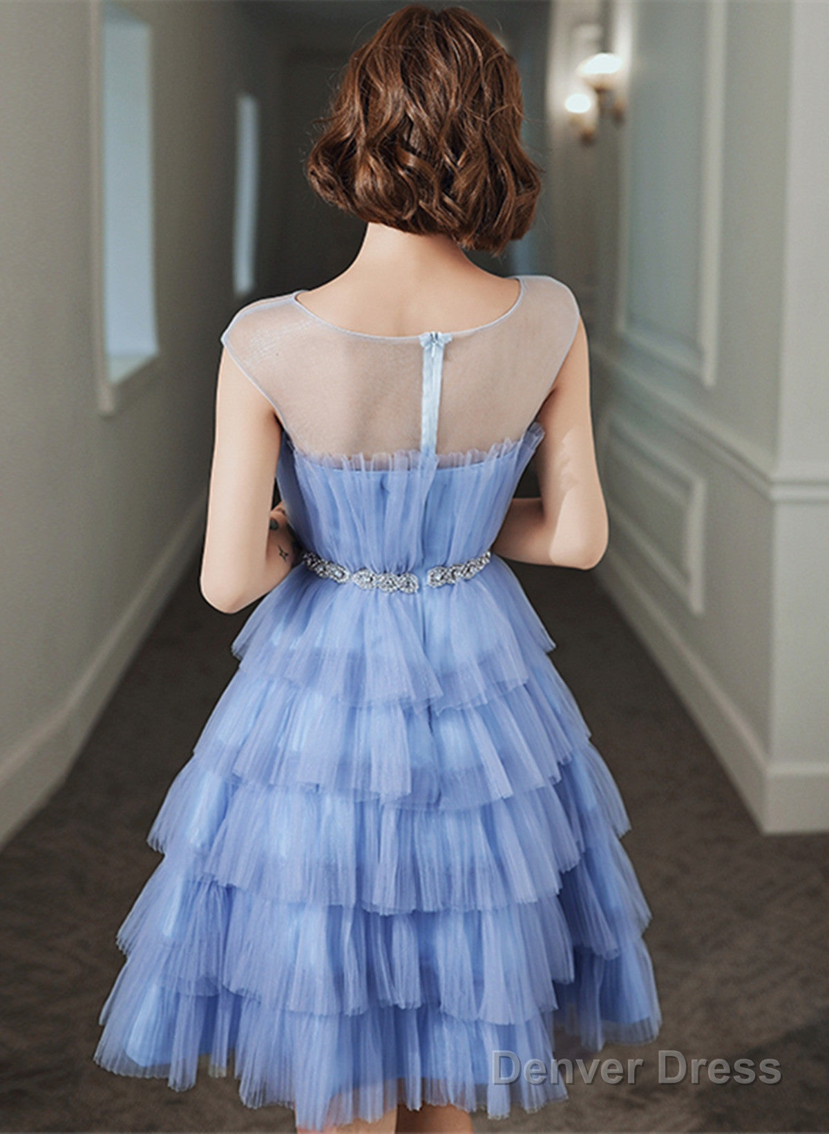 Blue Tulle Round Neckline Short Prom Dress, Blue Tulle Homecoming Dresses