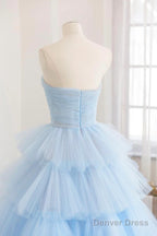 Blue Tulle Scoop Layers Long Prom Dress, Blue Tulle Prom Dresses
