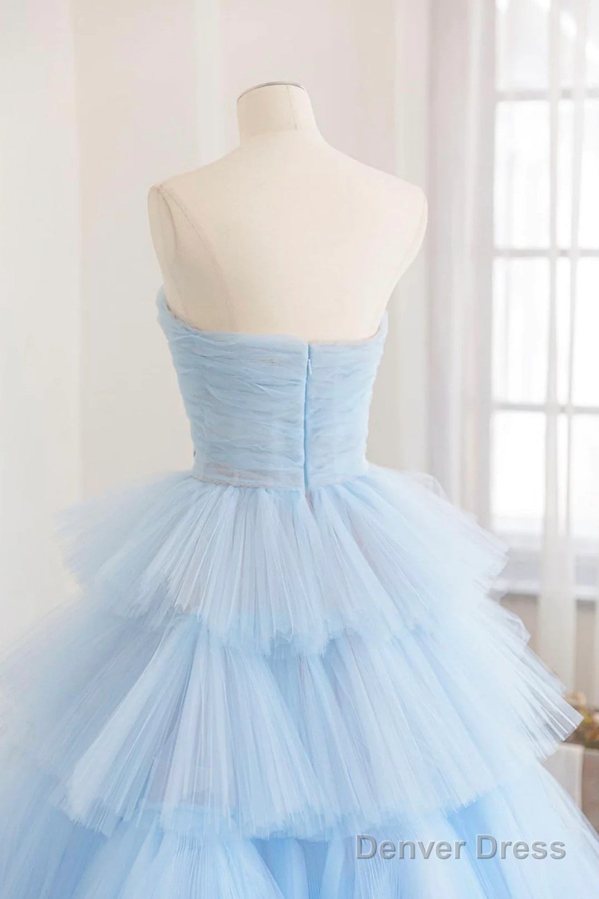 Blue Tulle Scoop Layers Long Prom Dress, Blue Tulle Prom Dresses
