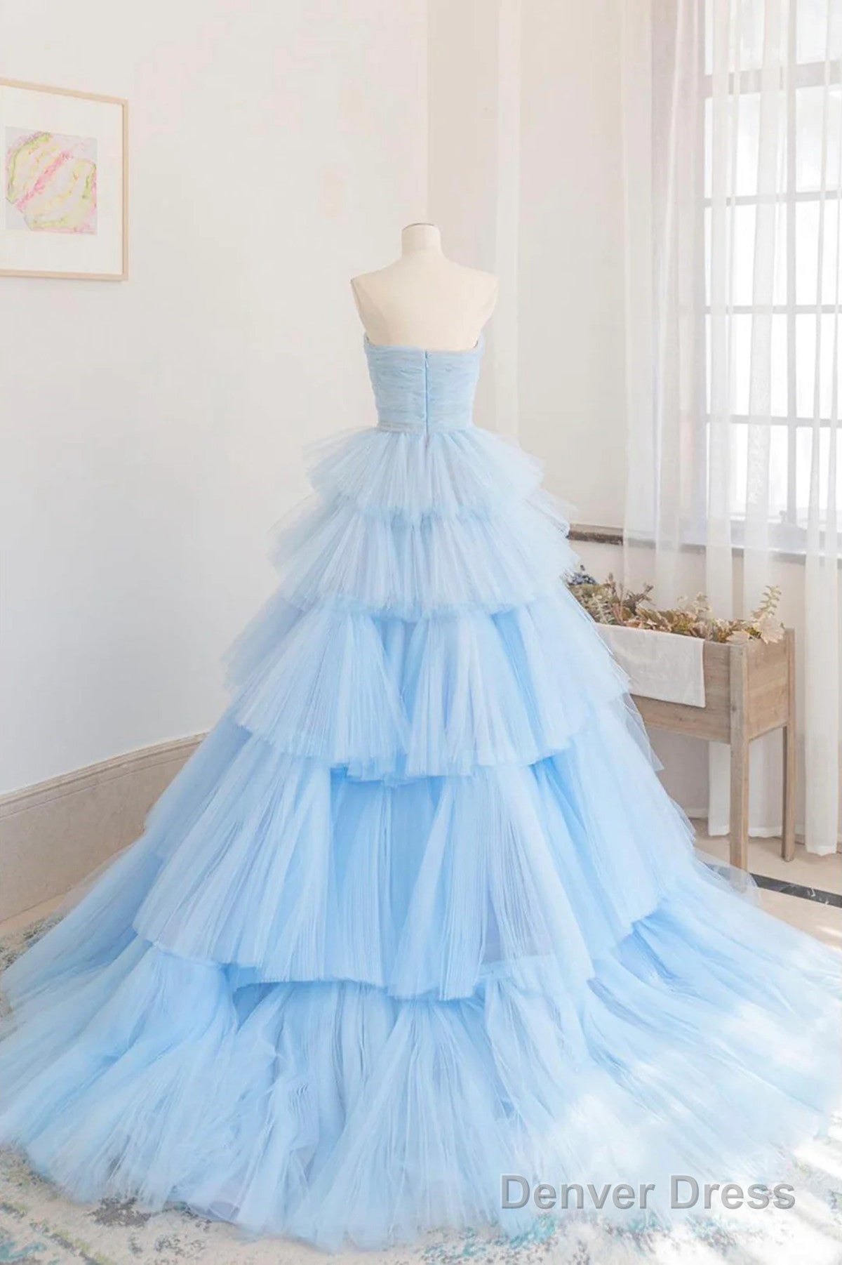 Blue Tulle Scoop Layers Long Prom Dress, Blue Tulle Prom Dresses
