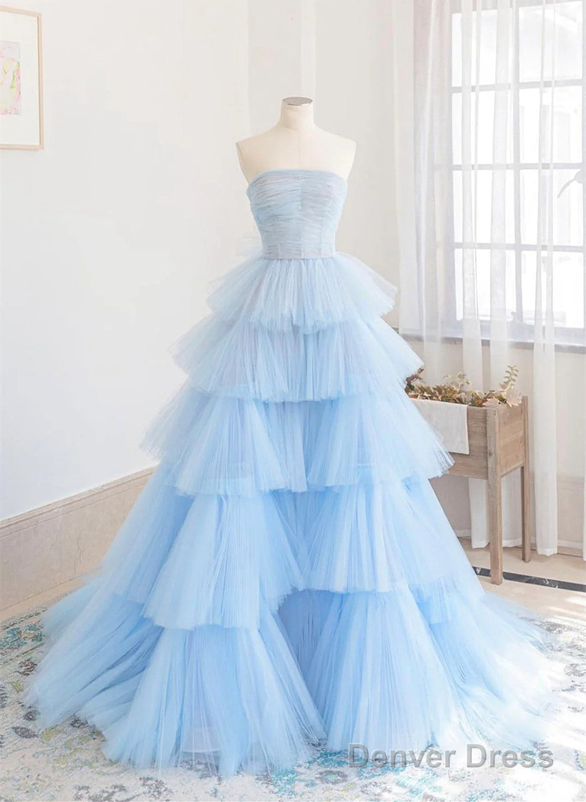 Blue Tulle Scoop Layers Long Prom Dress, Blue Tulle Prom Dresses Main image