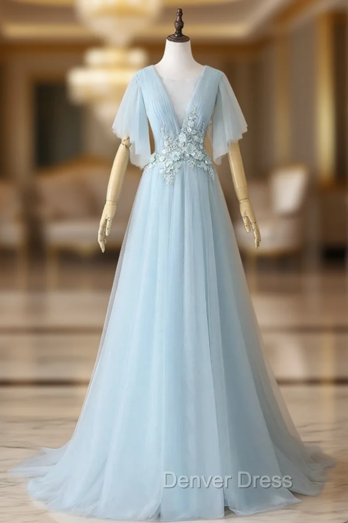 Blue Tulle See Through Neck Appliques Pleats prom Dresses