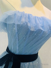 Blue Tulle Sequin Long Prom Dress A Line Tulle Blue Formal Dress