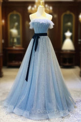Blue Tulle Sequin Long Prom Dresses A Line Tulle Blue Formal Dresses