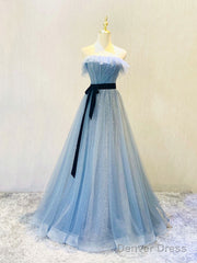 Blue Tulle Sequin Long Prom Dress A Line Tulle Blue Formal Dress