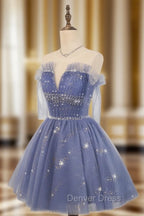 Blue Tulle Sequin Short Prom Dresses, Puffy Blue Homecoming Dresses