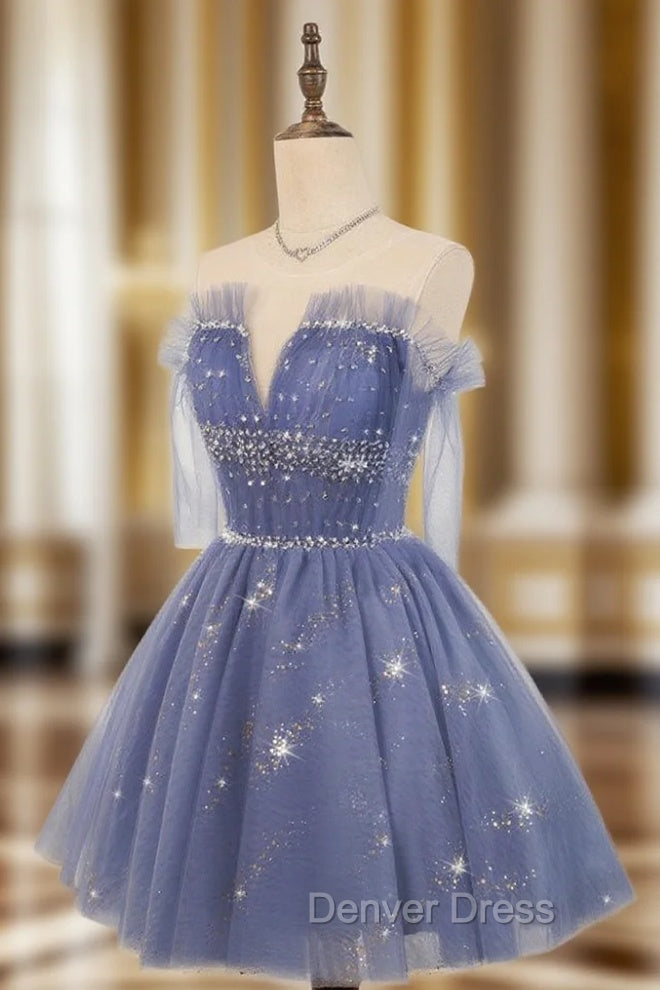 Blue Tulle Sequin Short Prom Dresses, Puffy Blue Homecoming Dresses