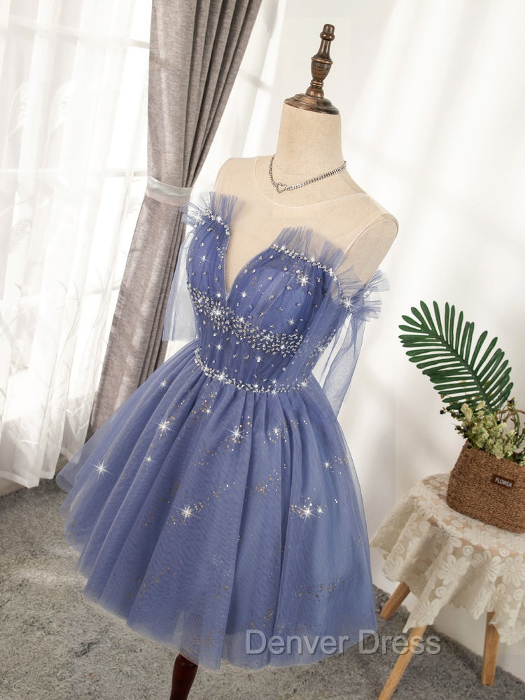 Blue Tulle Sequin Short Prom Dresses, Puffy Blue Homecoming Dresses
