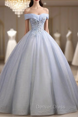 Blue Tulle Sequins Appliques Quinceanera Dresses