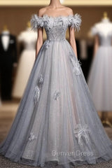 Blue Tulle Sequins Beading Flower Prom Dresses