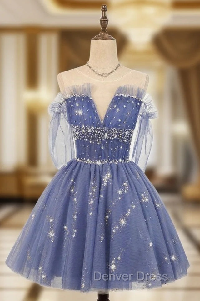 Blue Tulle Sequins Beading Homecoming Dresses Main image