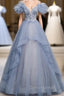 Blue Tulle Sequins Beading Spaghetti Straps Prom Dresses