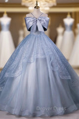 Blue Tulle Sequins Bow Quinceanera Dresses