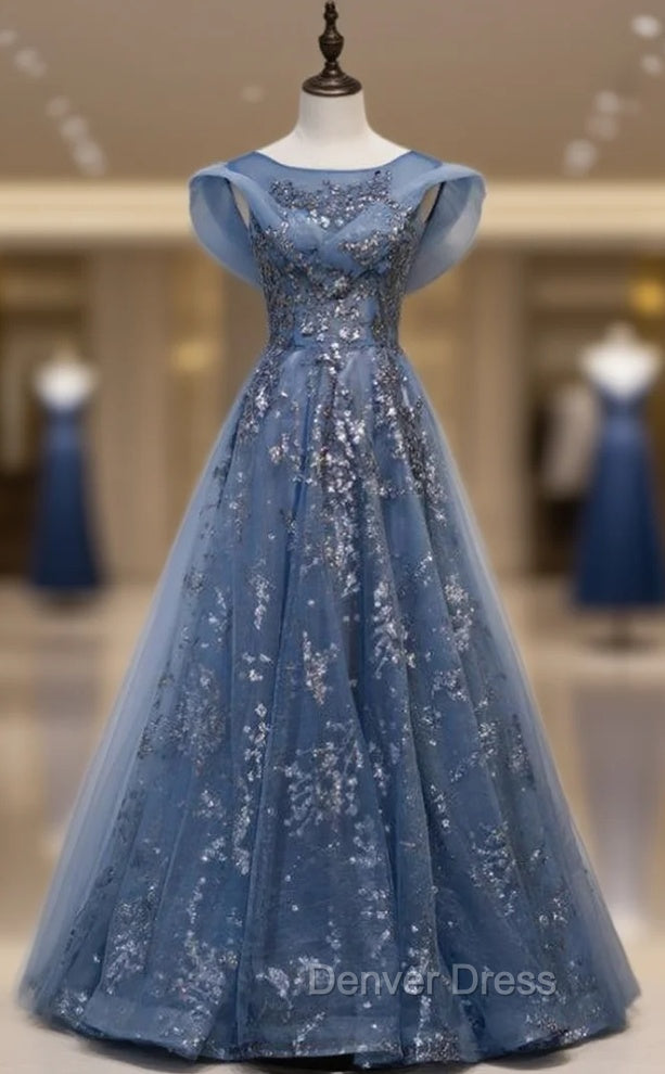 Blue Tulle Sequins Cap Sleeve Scoop Prom Dresses