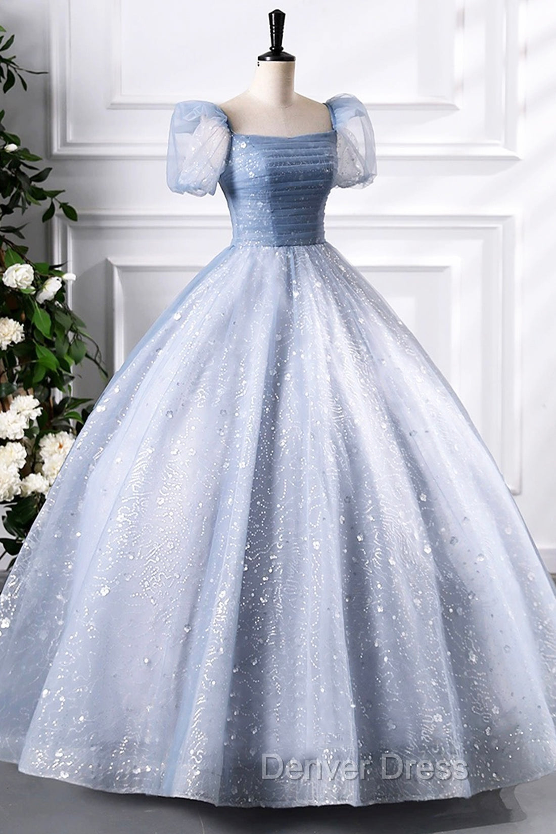 Blue Tulle Sequins Floor Length Prom Dress, Elegant Short Sleeve Prom Dresses Secondary image