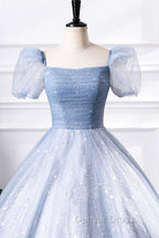 Blue Tulle Sequins Floor Length Prom Dress, Elegant Short Sleeve Prom Dresses