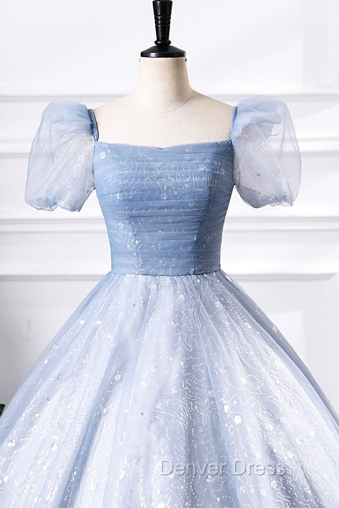 Blue Tulle Sequins Floor Length Prom Dress, Elegant Short Sleeve Prom Dresses
