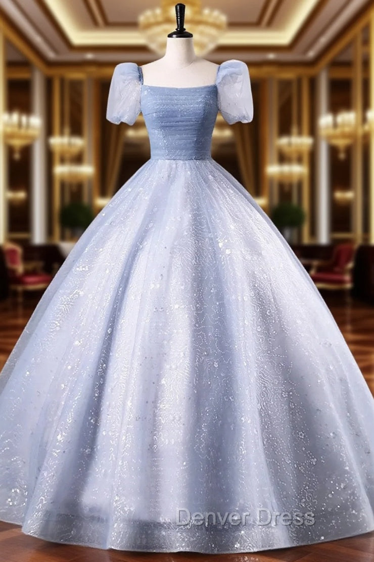 Blue Tulle Sequins Floor Length Prom Dresses, Elegant Short Sleeve Evening Party Dresses Main image