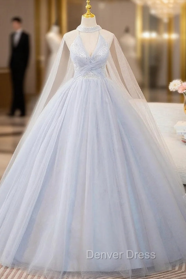 Blue Tulle Sequins Halter Quinceanera Dresses