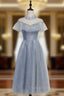 Blue Tulle Sequins High Neck Cap Sleeve Tea Length Prom Dresses